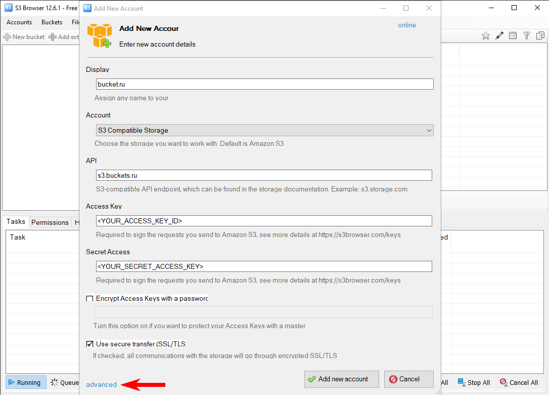 Настройки подключения в S3 Browser